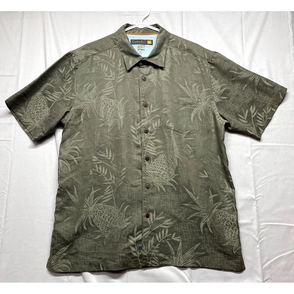 Quiksilver Waterman Shirt Mens Large Green Tropical Pineapple Leaf Button Up